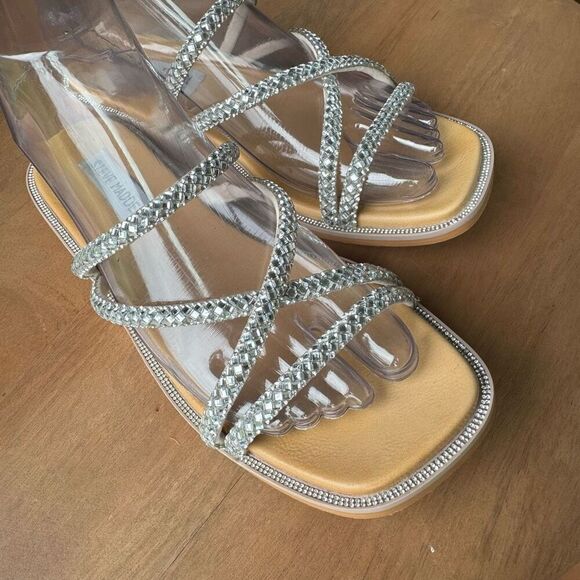 Steve Madden Spice Bling Slide Sandals Size 6 Rhinestone Silver Straps Shoes - Picture 4 of 10